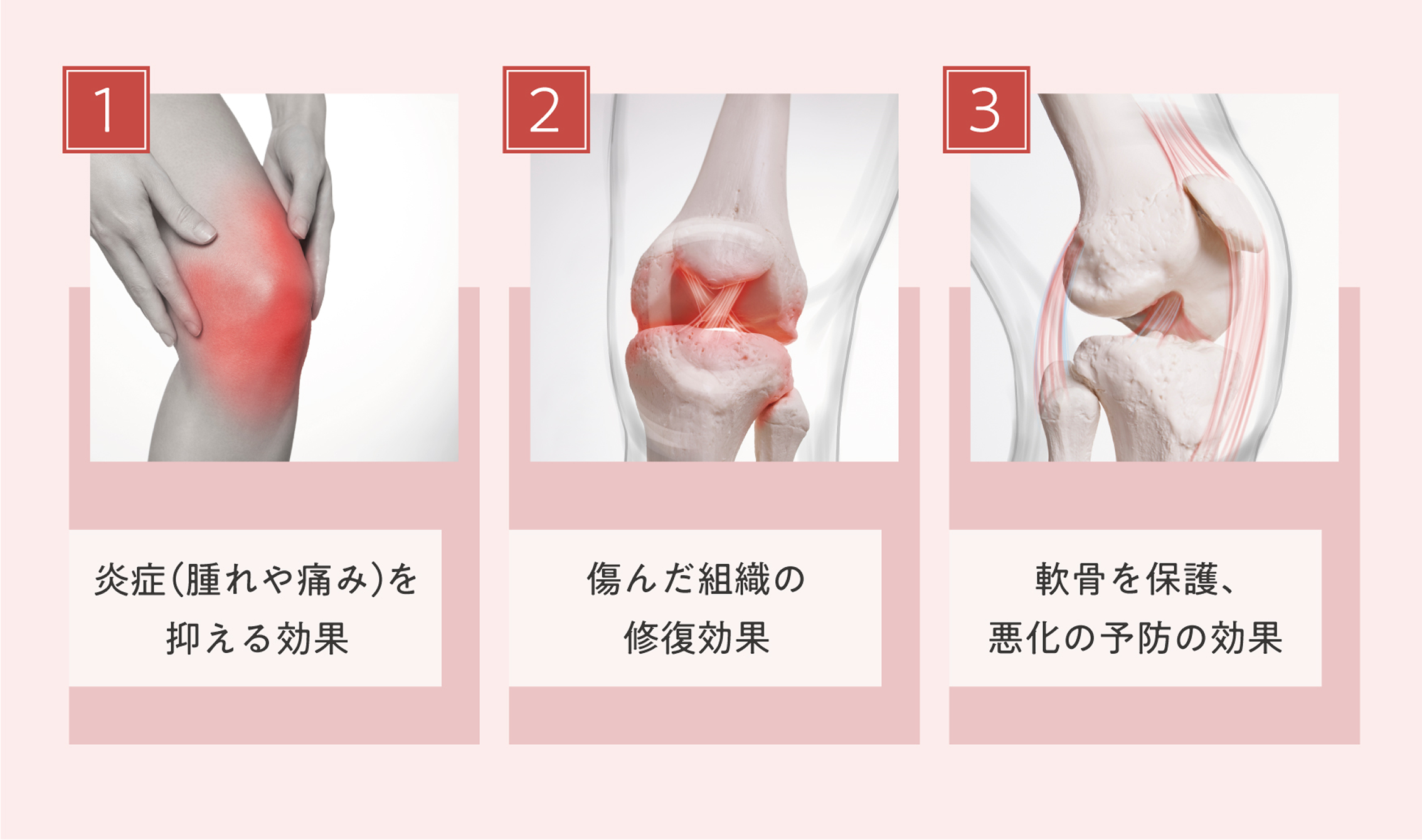 1、炎症（腫れや痛み）を抑える効果。2、傷んだ組織の修復効果、3、軟骨を保護、悪化の予防の効果